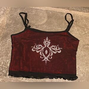 NWT SHEIN cropped Whimsigoth cami,black mesh,red front lining,rhinestones,M/6